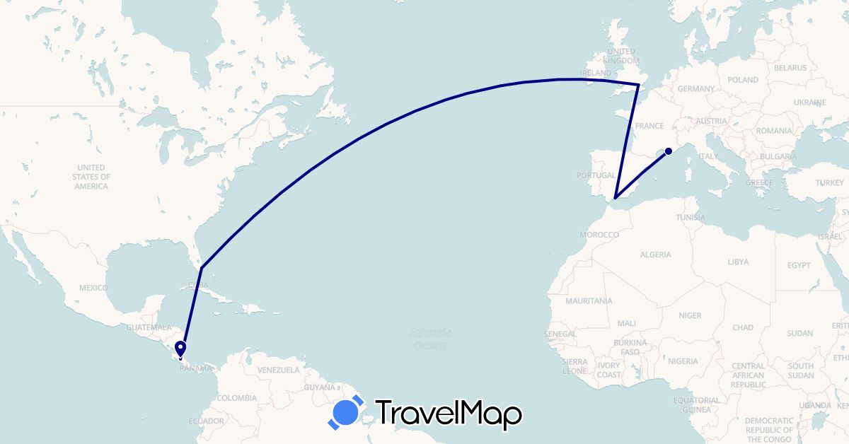 TravelMap itinerary: driving in Costa Rica, Spain, France, United Kingdom, United States (Europe, North America)